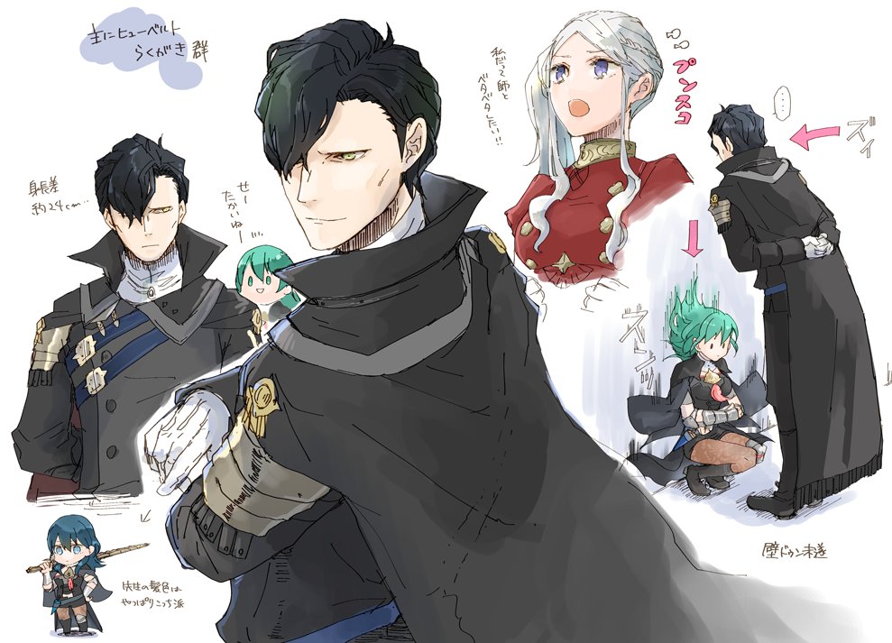 1boy 2girls arms_behind_back black_hair blue_eyes blue_hair byleth_(fire_emblem) byleth_eisner_(female) cape closed_mouth crossed_arms edelgard_von_hresvelg fire_emblem fire_emblem:_three_houses from_side gloves green_eyes green_hair hair_over_one_eye holding holding_sword holding_weapon hubert_von_vestra long_hair long_sleeves looking_to_the_side multiple_girls open_mouth pantyhose robaco short_hair side_ponytail simple_background smile squatting sword sword_of_the_creator violet_eyes weapon white_background white_gloves white_hair
