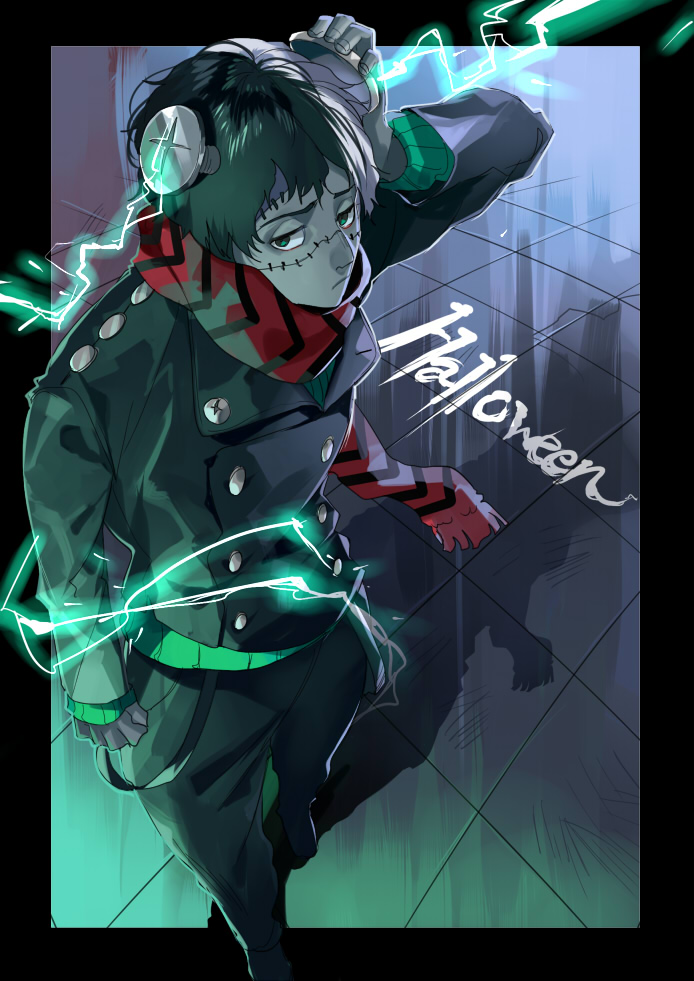 1boy arm_up closed_mouth electricity fingernails frankenstein's_monster green_eyes green_hair grey_skin half-closed_eyes halloween indoors kyouichi male_focus original red_scarf scarf scratches screw solo standing stitches