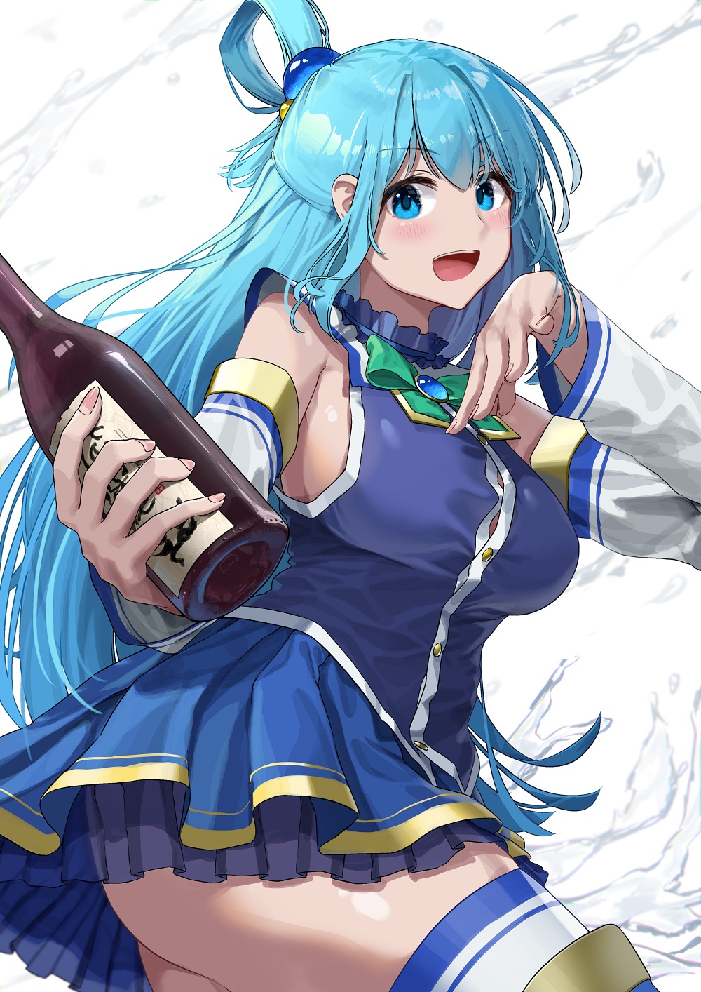 1girl aqua_(konosuba) bare_shoulders blue_eyes blue_hair blue_legwear blue_skirt blush bow bowtie breasts detached_sleeves eyebrows_visible_through_hair gem green_bow hair_ornament hair_rings highres kono_subarashii_sekai_ni_shukufuku_wo! long_hair looking_at_viewer medium_breasts noeru open_mouth pleated_skirt skirt smile thigh-highs very_long_hair