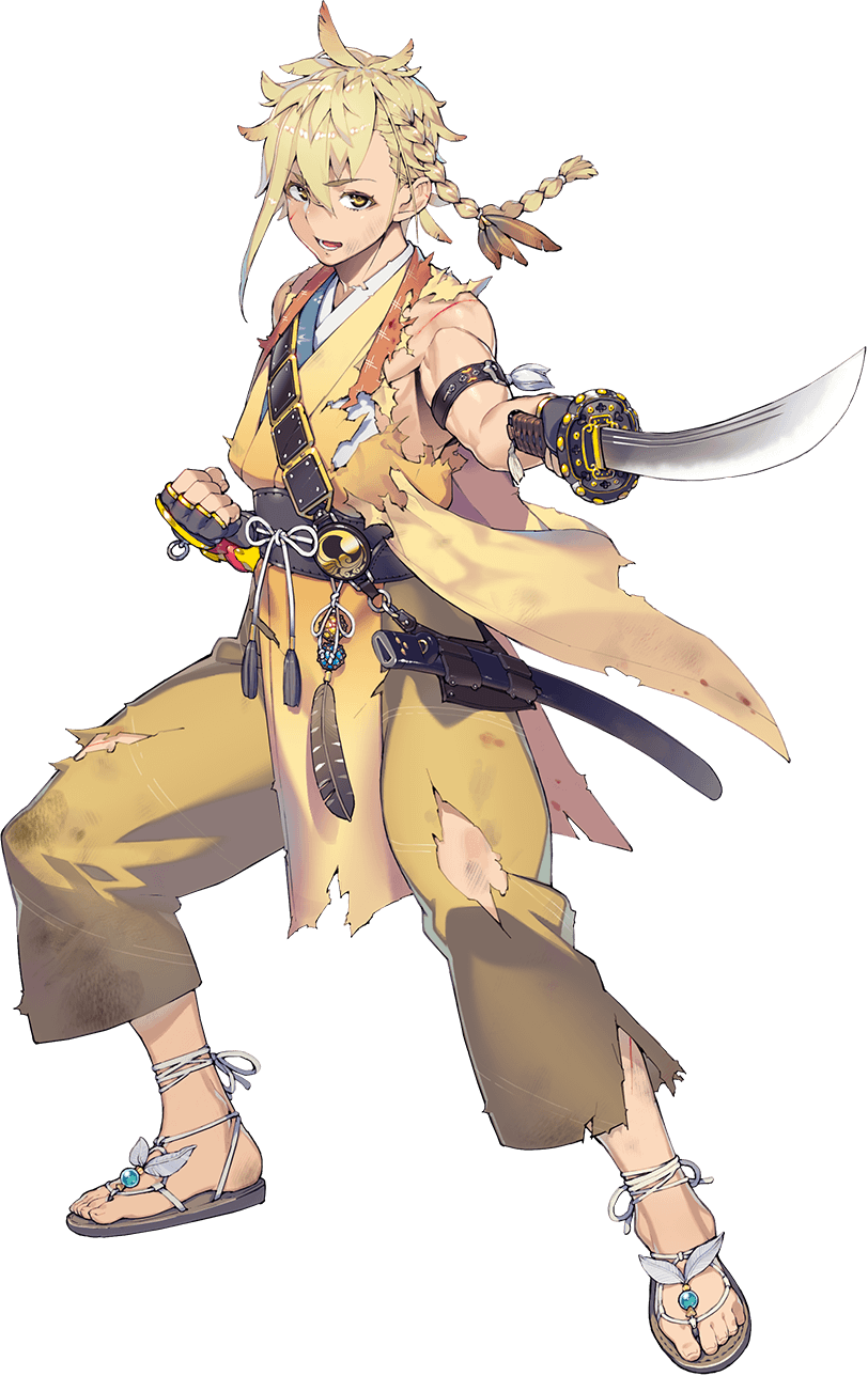 1boy blonde_hair blood braid chiganemaru_(touken_ranbu) clenched_hand feathers full_body hair_feathers highres injury japanese_clothes male_focus namaniku_atk official_art open_mouth pants sandals sheath side_braid sword tassel torn_clothes torn_pants touken_ranbu transparent_background wakizashi weapon yellow_eyes