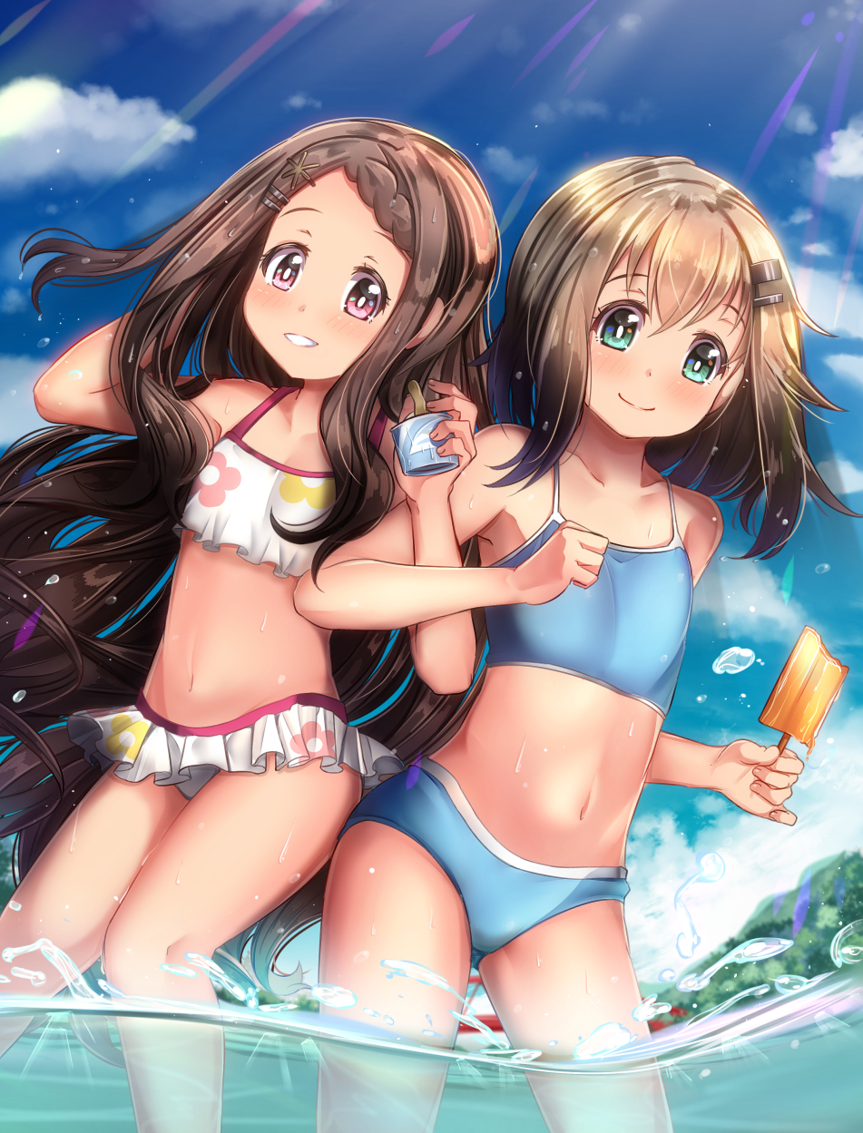 2girls aoba_kokona bangs bare_arms bare_shoulders bikini blue_bikini blue_sky blush braid brown_hair closed_mouth clouds collarbone commentary_request day eyebrows_visible_through_hair floral_print food frilled_bikini frills green_eyes hair_between_eyes hair_ornament hairclip highres holding holding_food locked_arms long_hair mad_(hazukiken) multiple_girls navel outdoors parted_lips popsicle print_bikini red_eyes sky smile standing swept_bangs swimsuit very_long_hair wading water white_bikini yama_no_susume yukimura_aoi