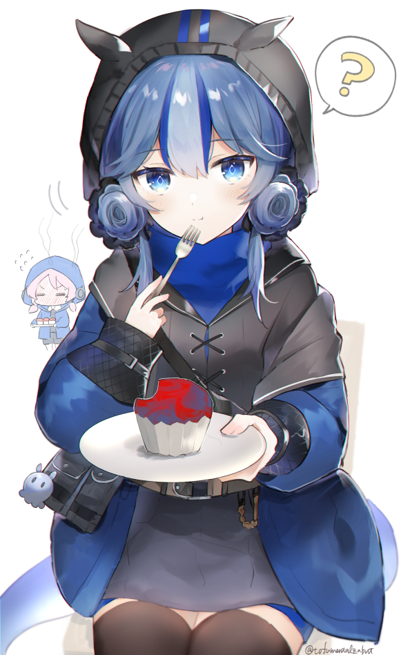 2girls =_= ? arknights bangs black_legwear black_shirt black_skirt blue_eyes blue_hair blue_jacket blue_poison_(arknights) chibi commentary_request cowboy_shot eyebrows_visible_through_hair food fork glaucus_(arknights) hair_between_eyes holding holding_fork holding_plate jacket long_sleeves looking_at_viewer miniskirt multiple_girls open_clothes open_jacket plate shirt short_hair skirt spoken_question_mark thigh-highs toufu_mentaru_zabuton