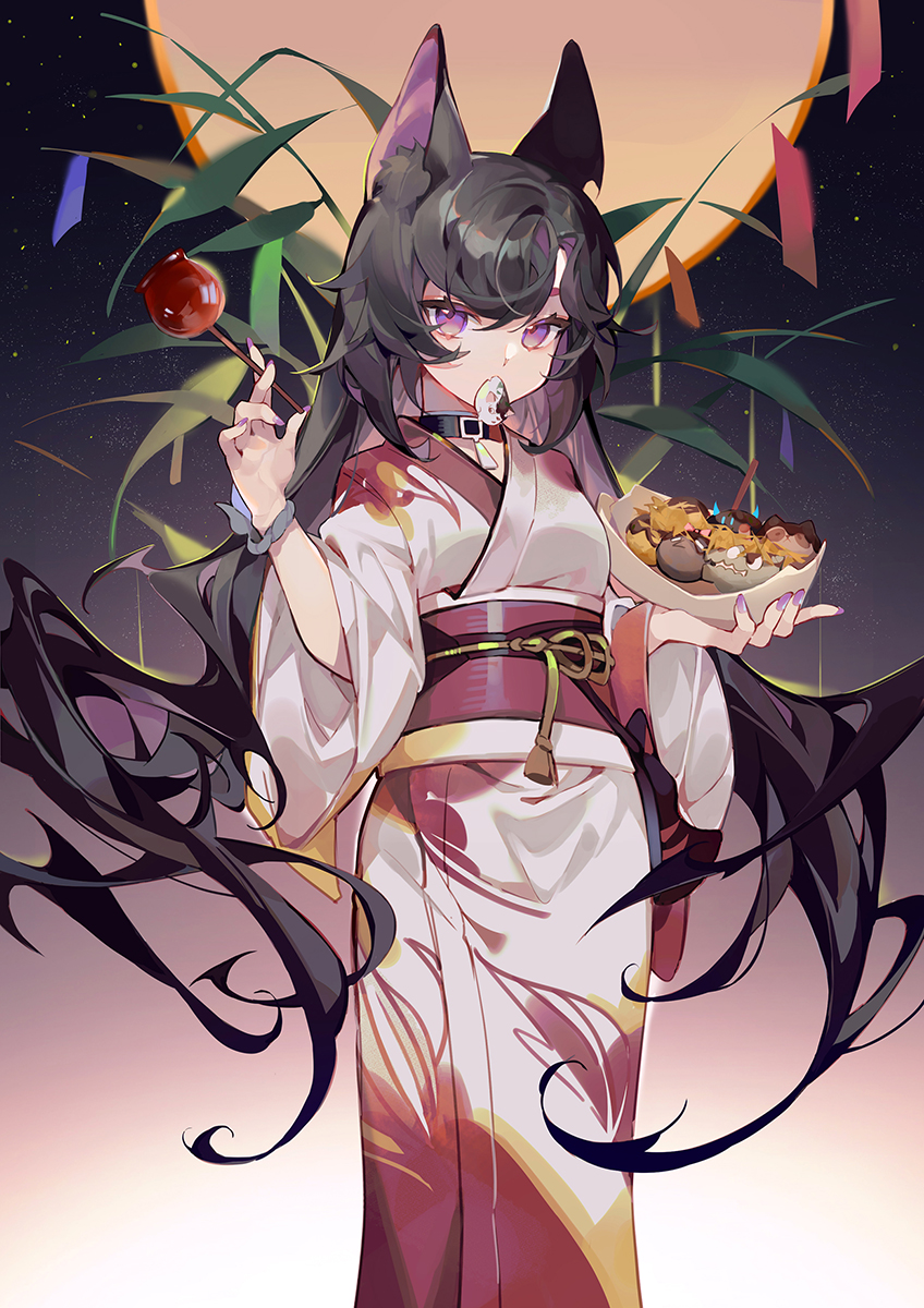 1girl animal_ear_fluff animal_ears bamboo bangs black_hair candy_apple commentary eyebrows_behind_hair fang food food_in_mouth full_moon hair_between_eyes highres holding holding_food japanese_clothes kimono long_hair machi_(7769) moon mouth_hold multicolored_hair night night_sky obi original purple_hair sash sky solo standing star_(sky) starry_sky symbol_commentary takoyaki tanabata tanzaku two-tone_hair very_long_hair violet_eyes white_kimono