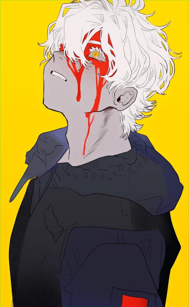 1boy black_jacket blood blood_on_face hair_between_eyes highres hood hood_down jacket looking_up male_focus namepino original parted_lips simple_background slit_pupils solo teeth upper_body white_hair yellow_background yellow_eyes