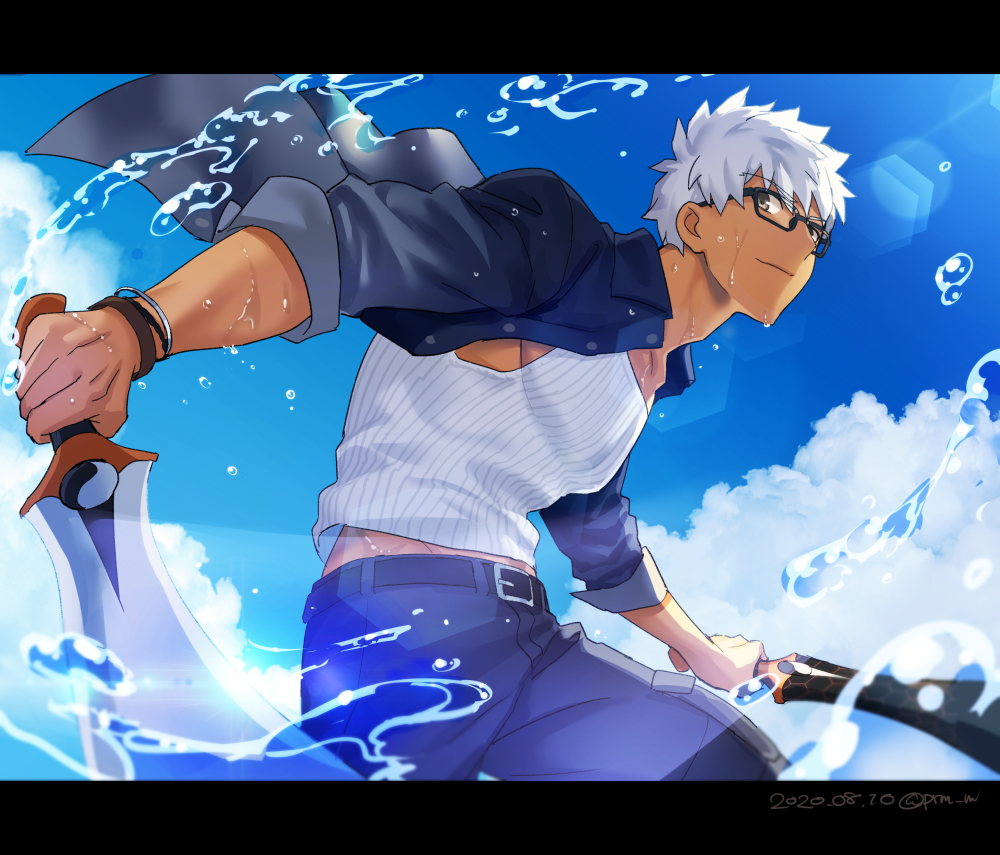 1boy alternate_costume archer belt brown_eyes chest clouds cloudy_sky dark_skin dark_skinned_male denim fate/stay_night fate_(series) glasses hikaru_(asteriskring) jeans kanshou_&amp;_bakuya male_focus muscle open_clothes open_shirt outdoors pants pectorals sky sleeves_rolled_up solo sword tank_top water weapon wet wet_clothes white_hair