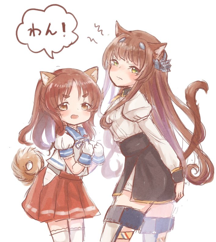 2girls animal_ears black_skirt blue_sailor_collar brown_eyes brown_hair commentary_request cowboy_shot dog_ears dog_tail gloves green_eyes headgear helena_(kantai_collection) kantai_collection long_hair long_sleeves looking_at_viewer military military_uniform multiple_girls neck_ribbon pleated_skirt puffy_short_sleeves puffy_sleeves red_skirt ribbon sailor_collar sailor_shirt shirt short_sleeves simple_background skirt tail thigh-highs uniform white_background white_gloves white_headwear wss_(nicoseiga19993411) yashiro_(kantai_collection)