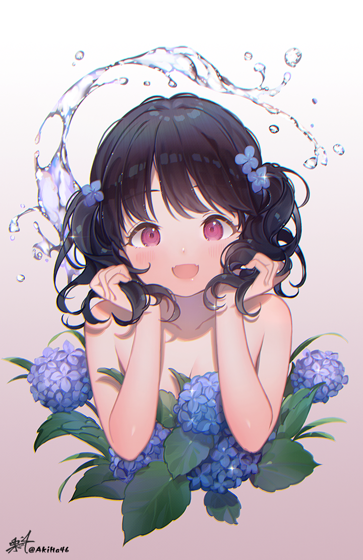 1girl :d black_hair blue_flower blush breasts brown_background commentary_request fangs flower fukumaru_koito gradient gradient_background hair_flower hair_ornament hands_up holding holding_hair hydrangea idolmaster idolmaster_shiny_colors kuri_choko looking_at_viewer nude open_mouth signature small_breasts smile solo twintails twitter_username upper_body violet_eyes water white_background