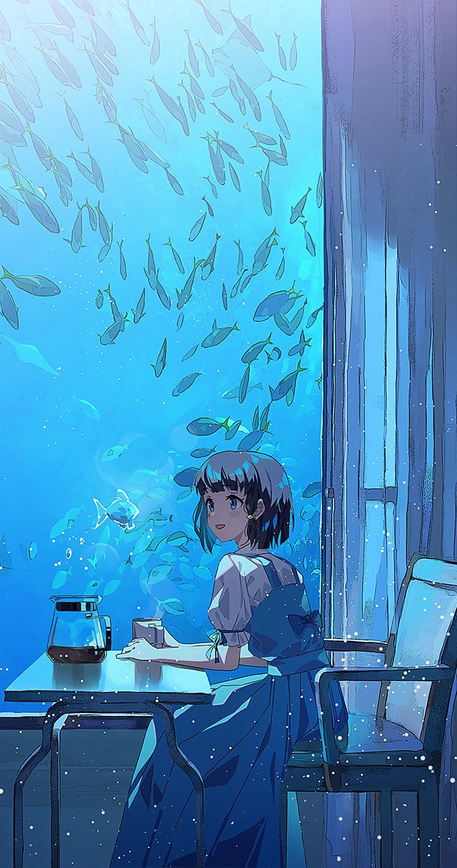 1girl agas_(vpwt7475) bangs black_hair blue_eyes blunt_bangs blunt_ends chair coffee_pot dress eyebrows_visible_through_hair fish highres long_skirt open_mouth original short_hair short_sleeves sitting skirt solo table