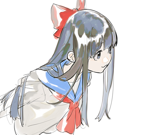 1girl arms_behind_back bangs black_eyes black_hair bow closed_mouth face hair_bow lowres pipimi poptepipic qiqu red_bow school_uniform serafuku simple_background sketch smile solo uniform upper_body white_background