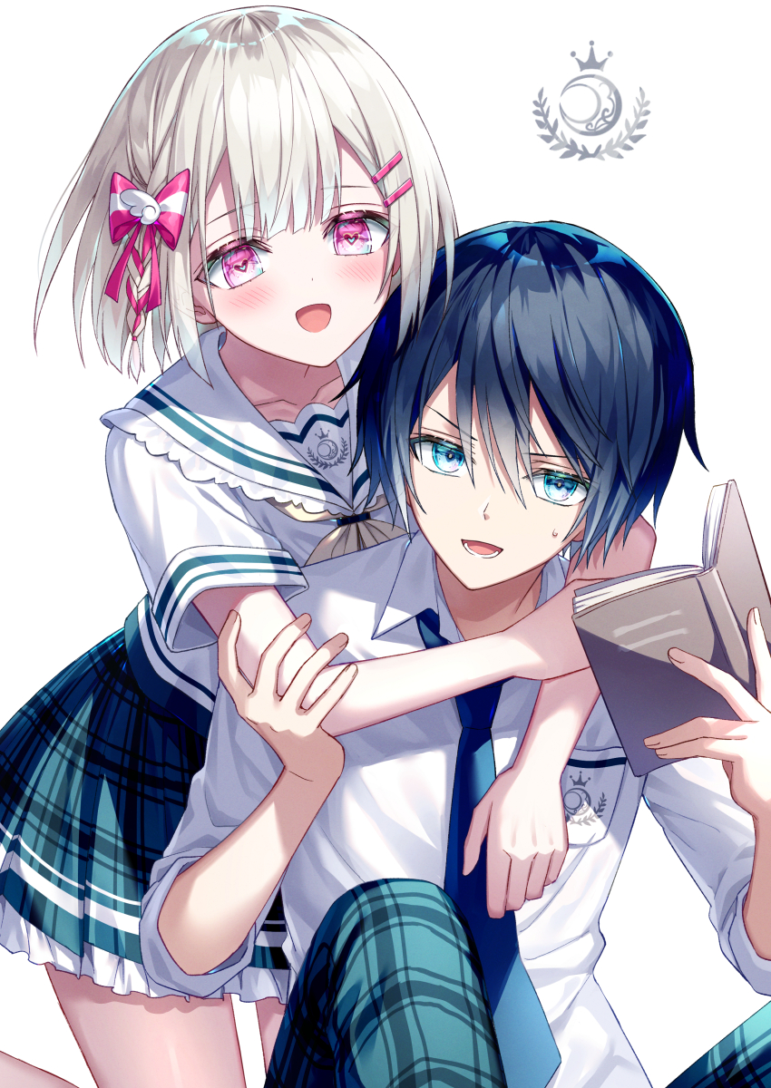 1boy 1girl :d bangs blue_eyes blue_neckwear blush book bow collarbone collared_shirt commentary_request crescent_print eyebrows_visible_through_hair frilled_skirt frills green_pants hair_between_eyes hair_bow hair_ornament hairclip highres holding hug hug_from_behind kazunehaka kneeling long_sleeves looking_at_viewer necktie open_book open_mouth original pants pink_bow pink_eyes plaid plaid_pants plaid_skirt pleated_skirt school_uniform shirt short_hair skirt smile sweatdrop white_background white_shirt