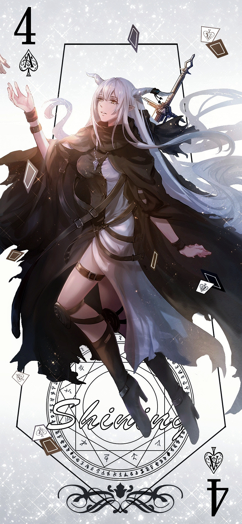 1girl arknights bangs boots breasts brown_eyes card cloak dress eyebrows_visible_through_hair floating_hair full_body hair_between_eyes high_heel_boots high_heels highres horns jewelry knee_pads large_breasts long_hair multiple_straps nanako_(user_zcmj5835) necklace pendant playing_card pointy_ears shining_(arknights) silver_hair solo staff sword thigh_strap thighs torn_cloak torn_clothes very_long_hair weapon wristband