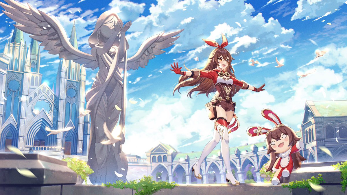 1girl boots breasts brown_hair clouds commentary copyright_request day english_commentary high_heels long_hair outdoors rosuuri shorts sky small_breasts solo statue thigh-highs thigh_boots