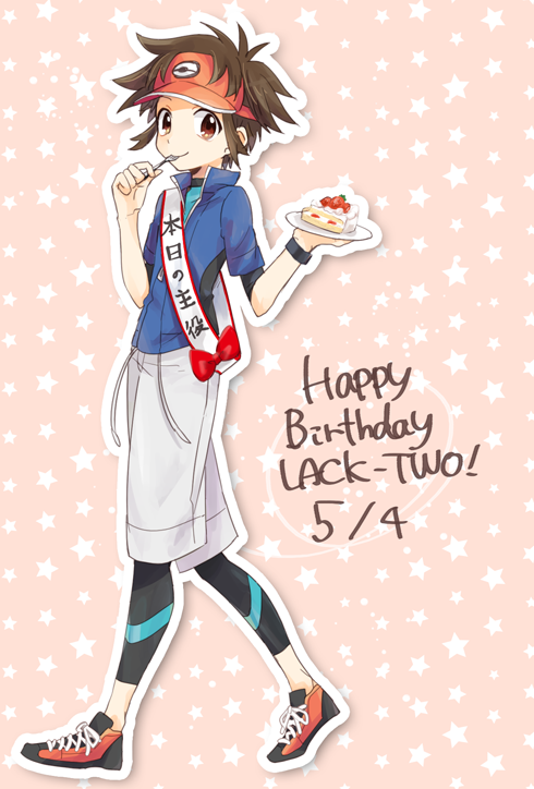 1boy blue_jacket bodysuit bodysuit_under_clothes brown_eyes brown_hair cake closed_mouth commentary_request food fork from_side full_body holding holding_fork holding_plate jacket male_focus nate_(pokemon) niimura_(csnel) orange_headwear outline plate pokemon pokemon_adventures shoes short_hair short_sleeves shorts smile sneakers solo standing star_(symbol) visor_cap