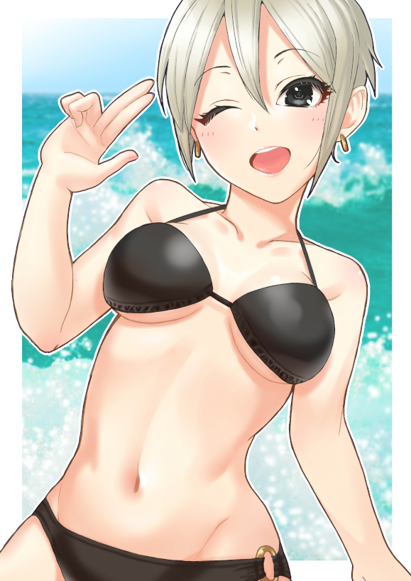 1girl ;d bangs bikini black_bikini black_eyes breasts collarbone earrings eyebrows_visible_through_hair ginnote groin hair_between_eyes halterneck head_tilt idolmaster idolmaster_cinderella_girls jewelry navel o-ring o-ring_bikini one_eye_closed open_mouth shiomi_shuuko short_hair silver_hair small_breasts smile solo swimsuit under_boob