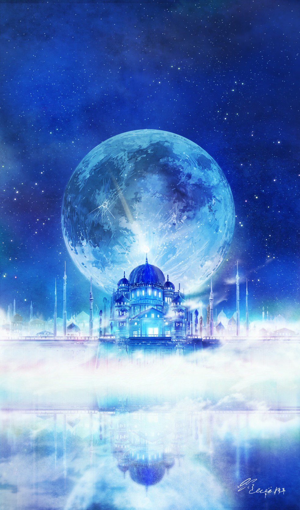 artist_name bishoujo_senshi_sailor_moon blue_sky blue_theme castle commentary_request derivative_work full_moon hachiya_shohei highres light moon no_humans outdoors reflection sailor_moon_redraw_challenge scenery screencap_redraw signature sky star_(sky) starry_sky water