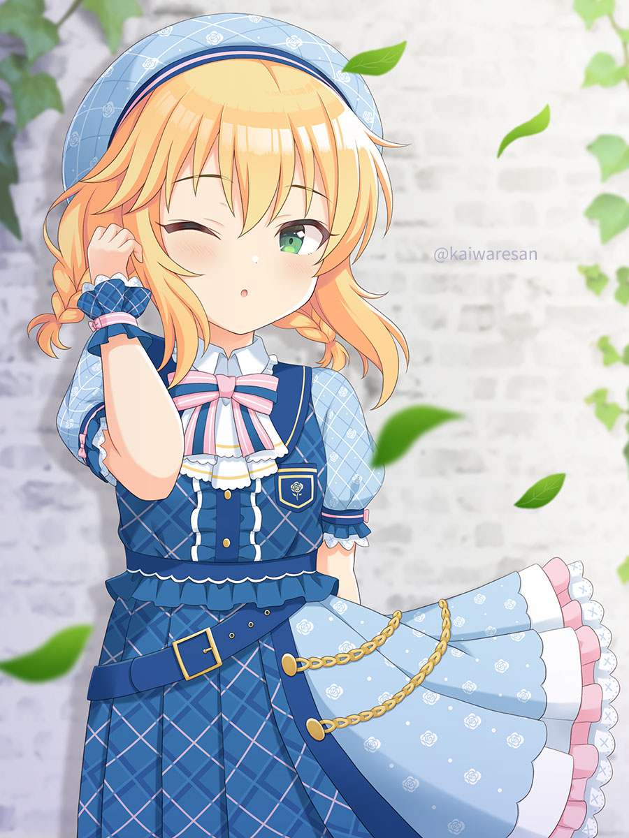 1girl ;o bangs beret blonde_hair blue_dress blue_headwear blurry blurry_background blurry_foreground bow braid brick_wall commentary_request depth_of_field dress eyebrows_visible_through_hair frilled_dress frills green_eyes hair_between_eyes hand_up hat highres idolmaster idolmaster_cinderella_girls idolmaster_cinderella_girls_starlight_stage kaiware-san long_hair one_eye_closed parted_lips plaid plaid_dress pleated_dress puffy_short_sleeves puffy_sleeves sakurai_momoka short_sleeves solo striped striped_bow twin_braids twitter_username wrist_cuffs