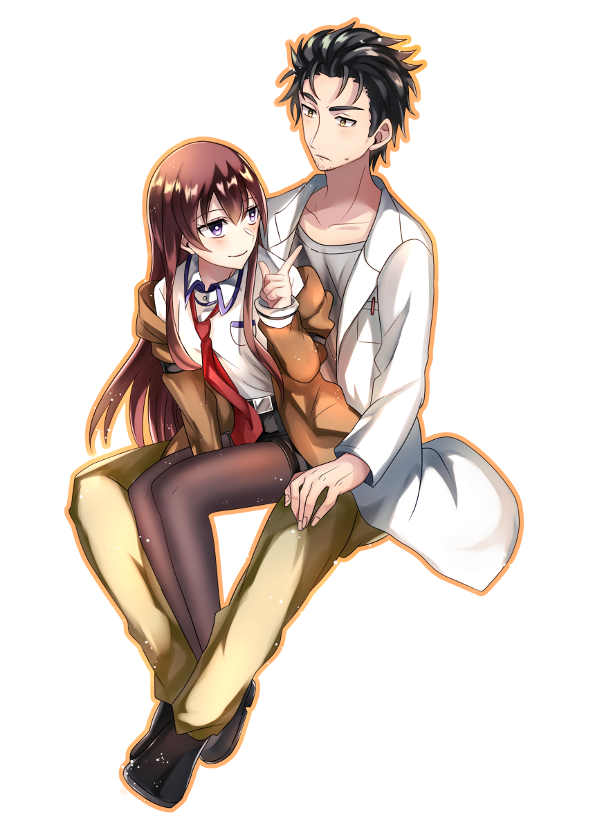 1boy 1girl black_hair black_legwear black_shorts brown_eyes brown_hair closed_mouth collarbone collared_shirt couple grey_shirt hetero highres index_finger_raised labcoat long_hair mady_(madine08260) makise_kurisu okabe_rintarou pants pantyhose shiny shiny_hair shirt short_shorts shorts simple_background smile steins;gate straight_hair sweatdrop very_long_hair white_background white_shirt wing_collar yellow_pants