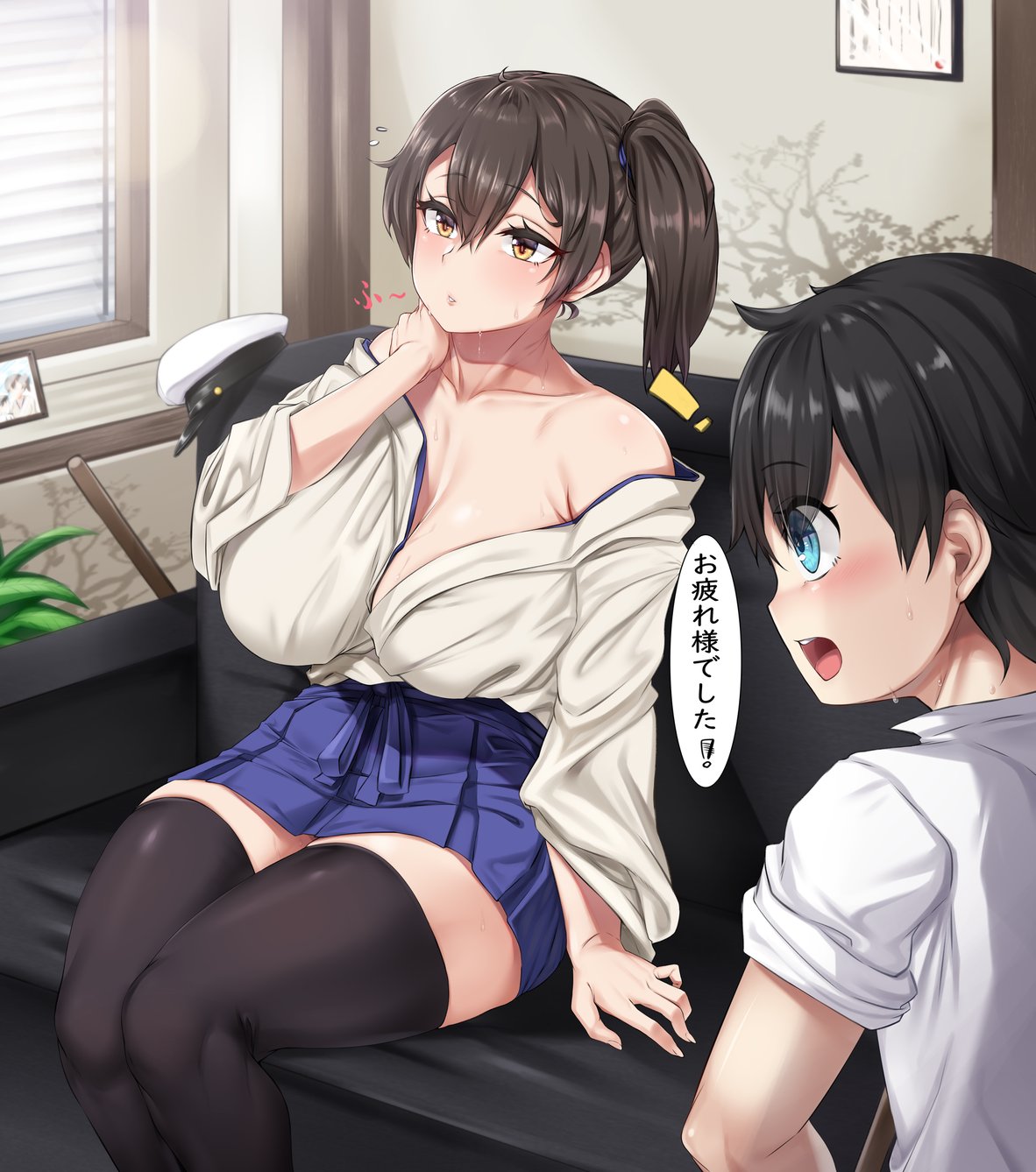1boy 1girl blush brown_hair collarbone couch hat highres japanese_clothes kaga_(kantai_collection) kantai_collection little_boy_admiral_(kantai_collection) moisture_(chichi) off_shoulder photo_(object) plant side_ponytail skirt sweat thigh-highs translation_request window