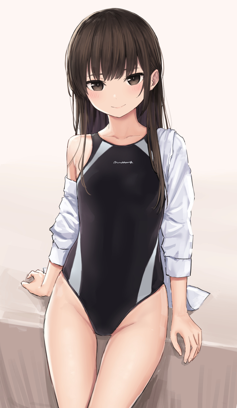 1girl bangs black_eyes black_swimsuit blush brown_eyes brown_hair closed_mouth collarbone commentary_request competition_swimsuit cowboy_shot highleg highleg_swimsuit highres long_hair long_sleeves looking_at_viewer off_shoulder one-piece_swimsuit open_clothes open_shirt original shirt simple_background single_bare_shoulder sitting smile solo straight_hair swimsuit thigh_gap white_shirt zuima