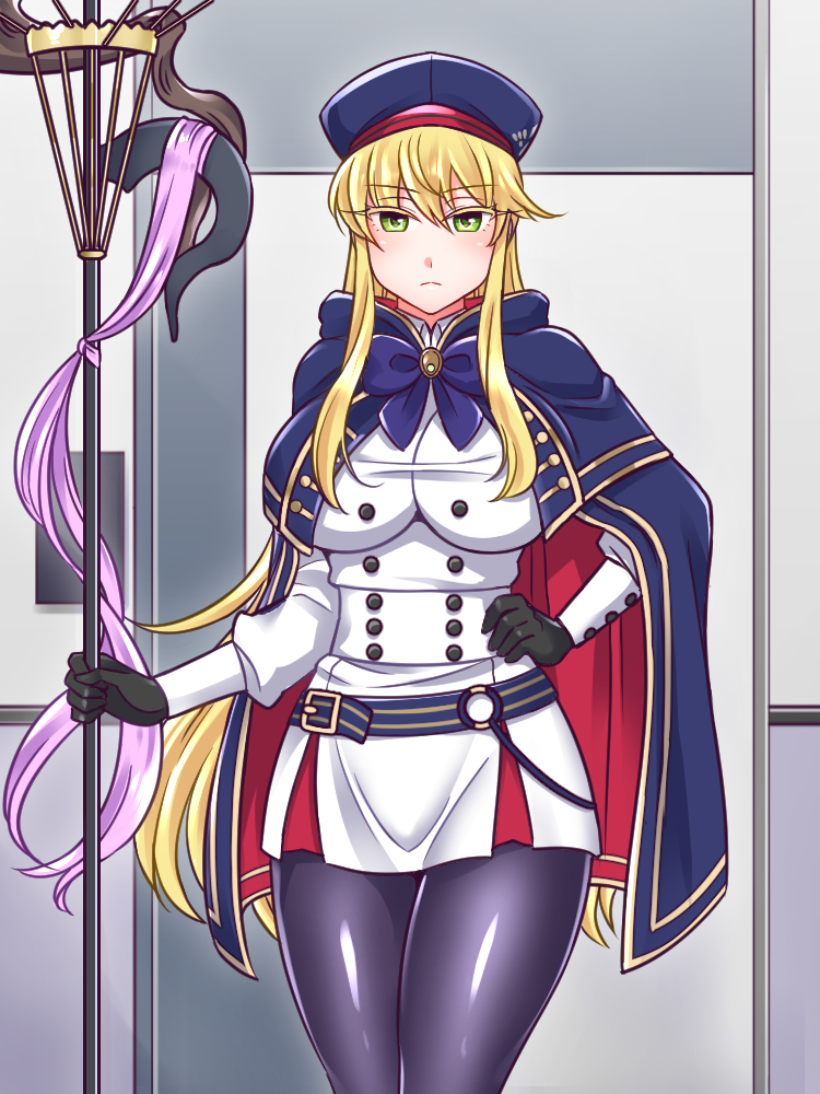 1girl artoria_pendragon_(all) artoria_pendragon_(caster) artoria_pendragon_(caster)_(cosplay) artoria_pendragon_(lancer) bangs black_gloves blonde_hair breasts cape commentary_request cosplay double-breasted eyebrows_visible_through_hair fate/grand_order fate_(series) gloves green_eyes hand_on_hip hat holding holding_staff large_breasts long_hair looking_at_viewer mabo-udon purple_legwear solo staff