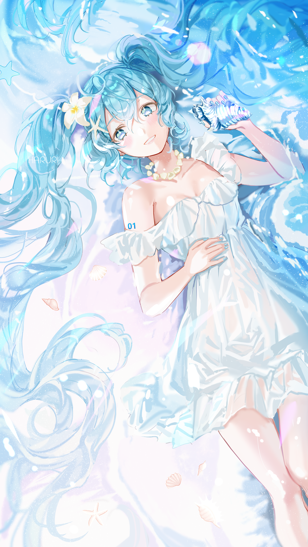 1girl artist_name bangs bare_arms blue_eyes blue_hair blue_nails blush breasts collarbone commentary conch dress english_commentary eyebrows_visible_through_hair flower hair_between_eyes hair_flower hair_ornament haruri hatsune_miku highres holding long_hair lying nail_polish on_back parted_lips seashell shell signature sleeveless sleeveless_dress small_breasts smile solo starfish_hair_ornament strapless strapless_dress twintails very_long_hair vocaloid white_dress white_flower