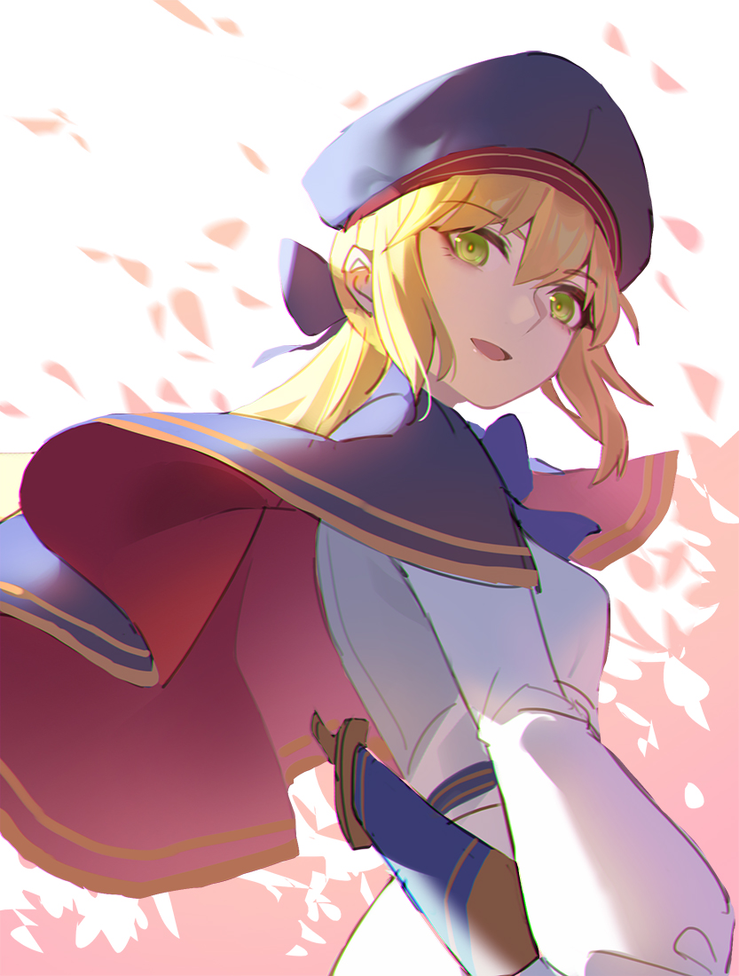 1girl :d arm_at_side artoria_pendragon_(all) artoria_pendragon_(caster) bangs beret blonde_hair blue_capelet blush breasts capelet commentary_request eyebrows_visible_through_hair fate/grand_order fate_(series) from_below gloves green_eyes hair_ribbon hat long_hair long_sleeves looking_at_viewer looking_to_the_side multicolored_capelet open_mouth petals ponytail red_capelet ribbon smile solo sword upper_body weapon weapon_on_back yaxiya