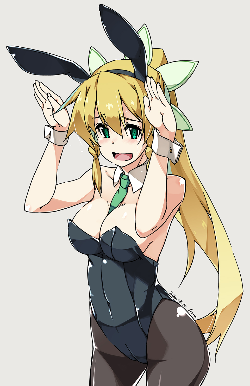 1girl animal_ears bangs bare_shoulders between_breasts black_legwear black_leotard blonde_hair blush breasts bunnysuit covered_navel cowboy_shot dated detached_collar fake_animal_ears green_eyes grey_background hair_between_eyes highres large_breasts leafa leotard long_hair looking_at_viewer necktie open_mouth pantyhose ponytail rabbit_ears shikei solo strapless strapless_leotard sword_art_online wrist_cuffs