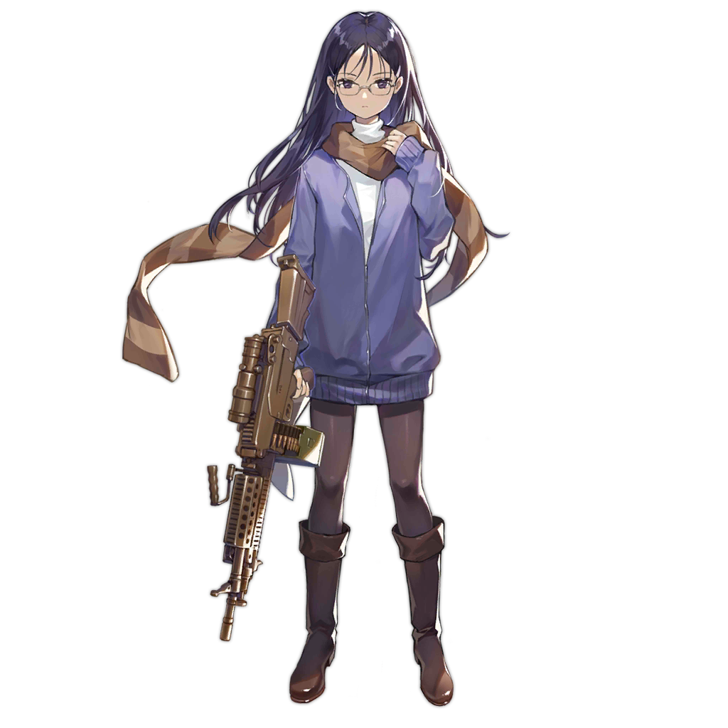 1girl ammo_box ammunition_belt bangs blue_jacket boots brown_footwear brown_scarf claes closed_mouth full_body girls_frontline glasses gun gunslinger_girl hair_ornament hairclip holding jacket long_hair long_sleeves looking_at_viewer m249 machine_gun official_art pantyhose purple_hair scarf scope shirt solo standing transparent_background violet_eyes weapon white_shirt
