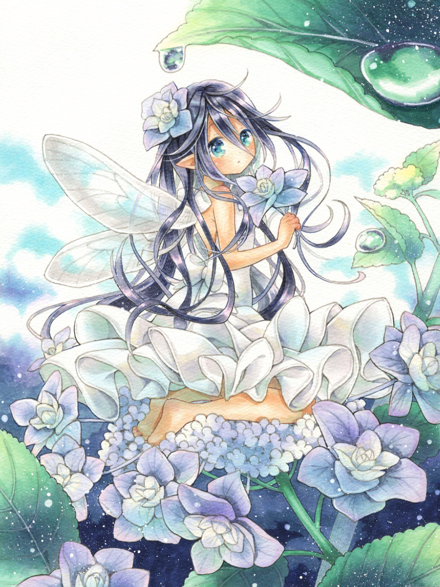 1girl :o bangs bare_arms black_hair blue_eyes commentary_request dress eyebrows_visible_through_hair fairy fairy_wings flower flower_request hair_between_eyes hair_flower hair_ornament highres holding holding_flower hydrangea long_hair looking_at_viewer mameberry marker_(medium) original seiza sidelocks sitting sleeveless solo traditional_media very_long_hair water_drop white_dress wings
