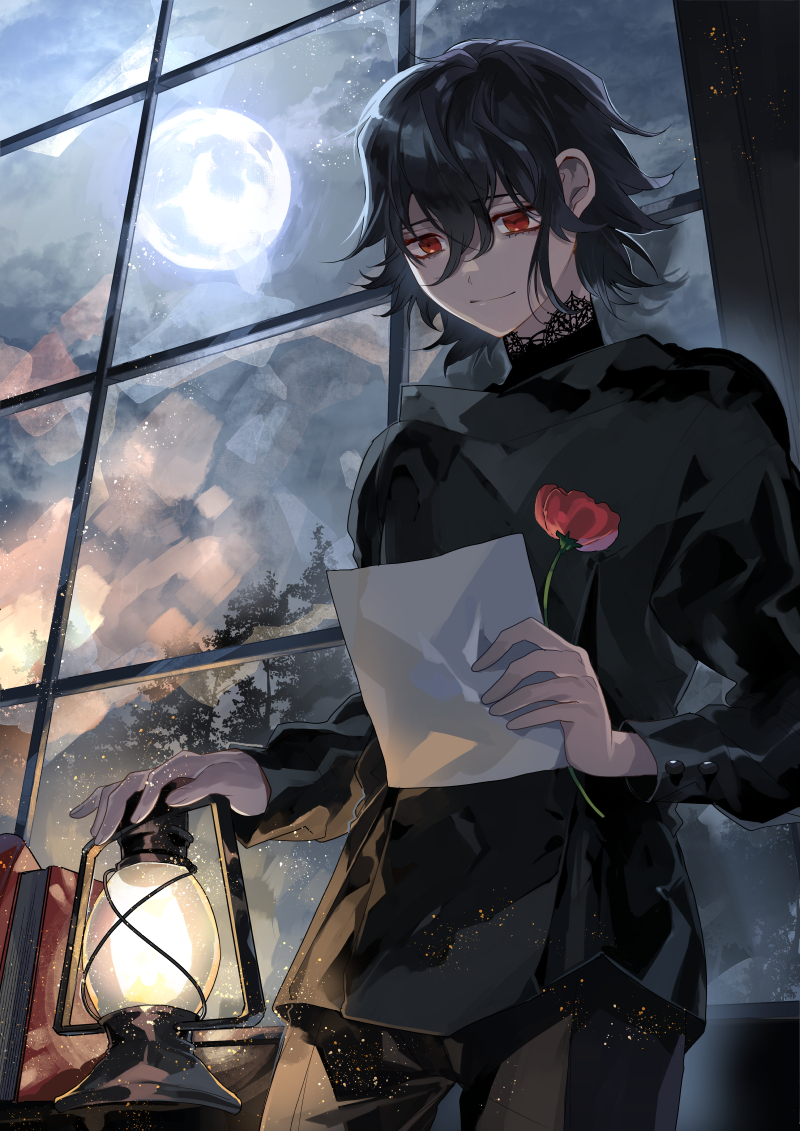 1boy bishounen black_hair book closed_mouth eyebrows_visible_through_hair flower hair_between_eyes holding holding_flower holding_paper indoors kyouichi lantern light light_particles male_focus moon moonlight original paper reading red_eyes red_flower silhouette smile solo tree turtleneck