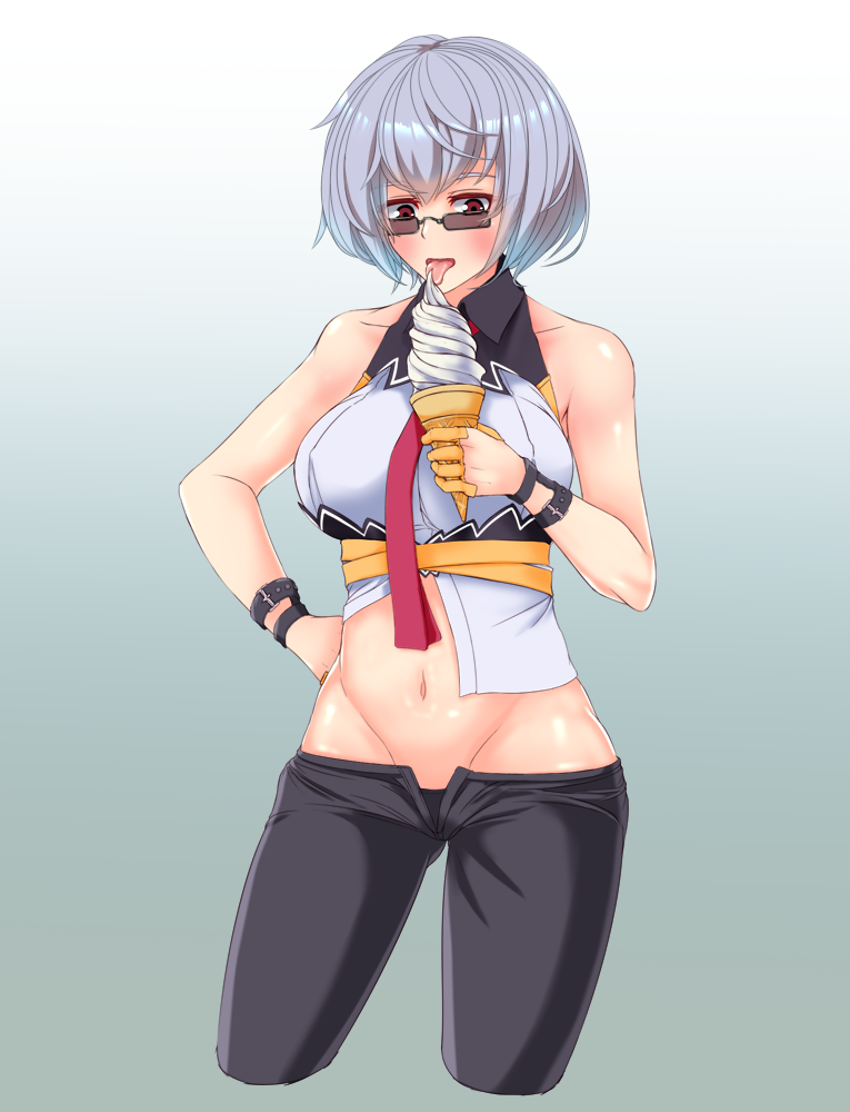 1girl bangs bare_shoulders black_pants blue_background blush breasts collarbone collared_shirt commentary_request crop_top cropped_legs eyebrows_visible_through_hair food girls_frontline glasses gradient gradient_background groin hair_between_eyes hand_on_hip holding holding_food ice_cream large_breasts licking looking_at_viewer midriff navel necktie open_fly open_mouth panties pants panty_peek red_eyes red_neckwear shimogami_migihidari shirt short_hair sidelocks silver_hair simple_background sleeveless sleeveless_shirt solo sunglasses thompson_(girls_frontline) tongue tongue_out underbust underwear white_background white_shirt