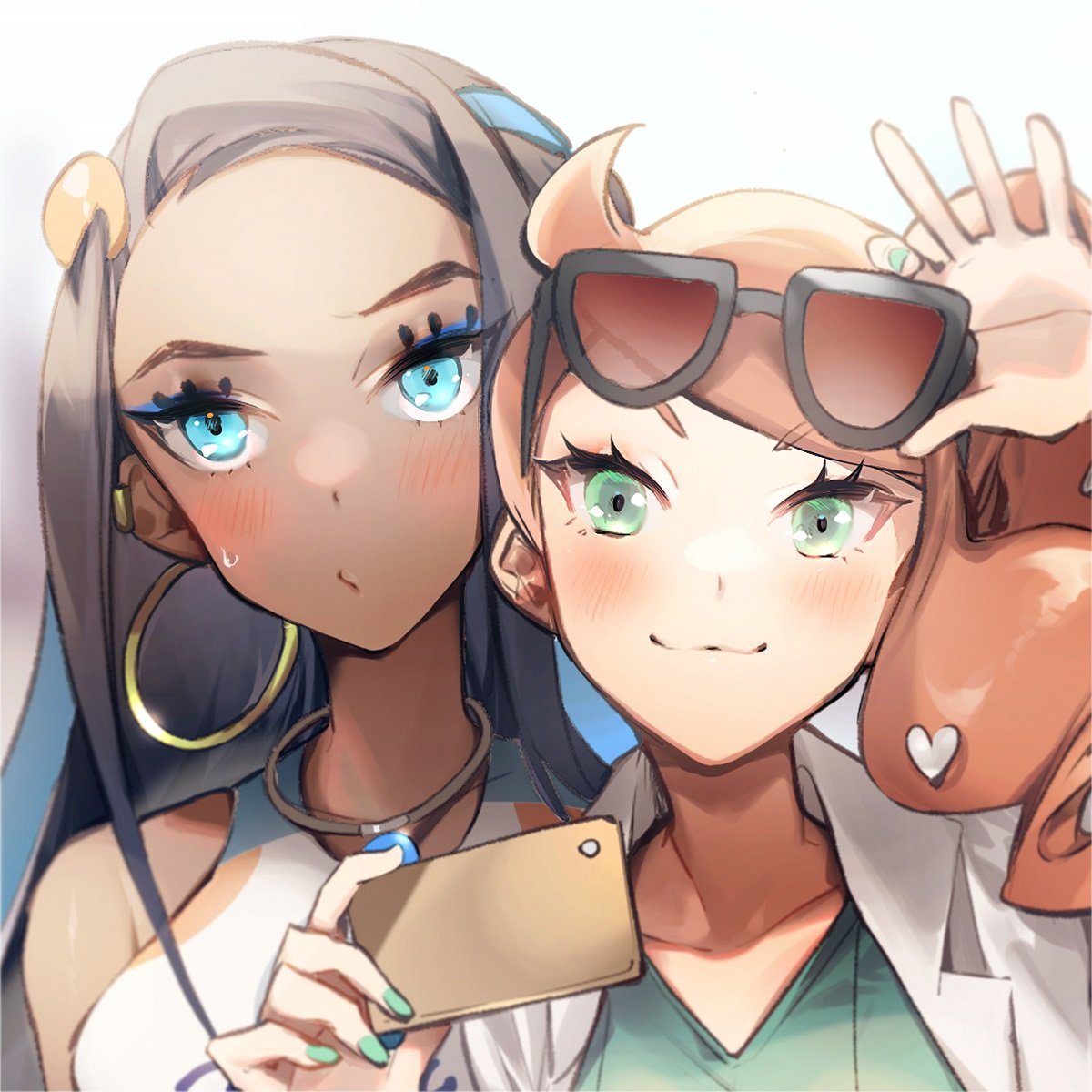 2girls aqua_eyes black_hair blue_eyes blue_eyeshadow blue_hair blush cellphone dark_skin earrings eyeliner eyeshadow hair_ornament heart heart_hair_ornament highres hoop_earrings jewelry looking_away makeup multicolored_hair multiple_girls necklace no-kan orange_hair phone pokemon pokemon_(game) pokemon_swsh rurina_(pokemon) self_shot side_ponytail smartphone smile sonia_(pokemon) sunglasses swimsuit tankini trench_coat two-tone_hair