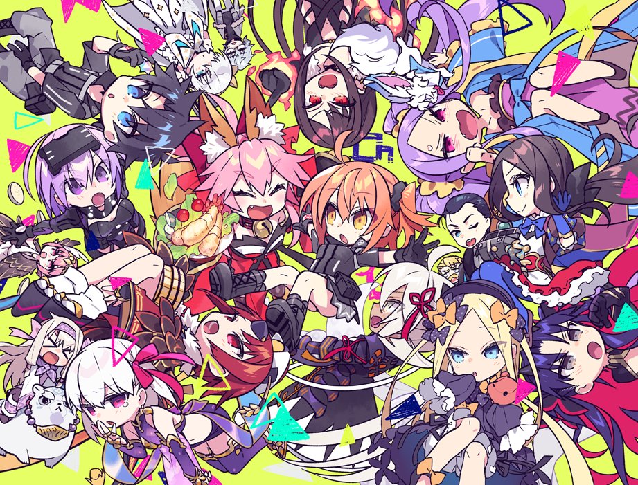 &gt;_&lt; 4boys 6+girls abigail_williams_(fate/grand_order) ahoge animal_ears armor bare_shoulders black_hair blonde_hair blue_eyes boots bow character_request chibi commentary_request crying crying_with_eyes_open eyebrows_visible_through_hair eyes_visible_through_hair fang fate/grand_order fate_(series) fire fox_ears fox_girl fox_tail fujimaru_ritsuka_(female) fujimaru_ritsuka_(male) gloves grey_eyes hair_between_eyes hair_bow hair_over_one_eye ishtar_(fate)_(all) kama_(fate/grand_order) leonardo_da_vinci_(fate/grand_order) long_hair mash_kyrielight multicolored_hair multiple_boys multiple_girls negi_(ulog'be) okita_souji_(alter)_(fate) okita_souji_(fate)_(all) open_mouth orange_eyes orange_hair pants pink_eyes pink_hair purple_hair red_eyes redhead sherlock_holmes_(fate/grand_order) short_hair short_sleeves simple_background skirt smile space_ishtar_(fate) tagme tail tamamo_(fate)_(all) tamamo_no_mae_(fate) tears teeth thigh-highs two-tone_hair violet_eyes white_hair yellow_background