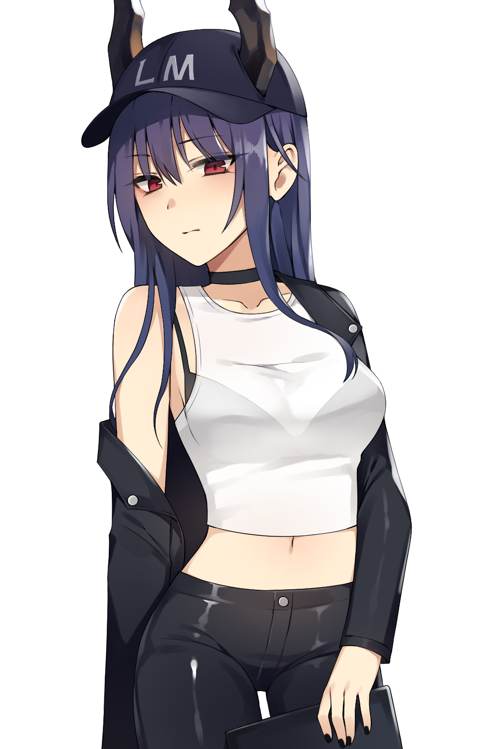 1girl arknights baseball_cap black_choker black_jacket black_nails black_pants blue_hair breasts canape_(canape0130) ch'en_(arknights) choker commentary_request cowboy_shot crop_top dragon_horns hat highres horns horns_through_headwear jacket long_hair long_sleeves medium_breasts midriff nail_polish navel off_shoulder open_clothes open_jacket pants red_eyes simple_background solo standing tank_top white_background white_tank_top