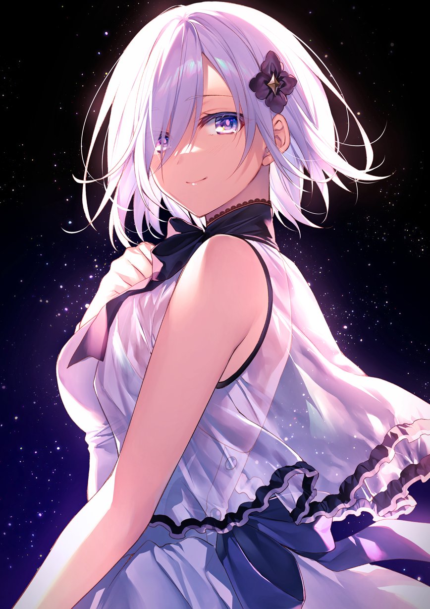 1girl bare_arms bare_shoulders black_background bow bowtie breasts dress fate/grand_order fate_(series) glowing gradient gradient_background hair_ornament hair_over_one_eye hand_on_own_chest highres lavender_hair looking_to_the_side mash_kyrielight medium_breasts see-through short_hair sidelocks sleeveless sleeveless_dress smile solo toosaka_asagi upper_body violet_eyes white_dress