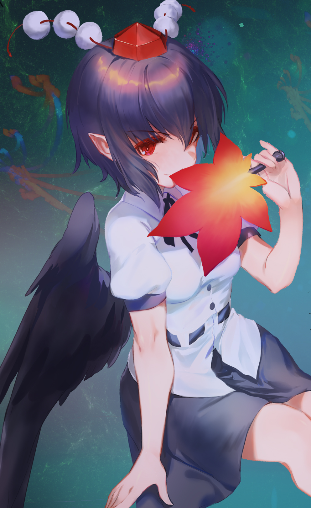 1girl abstract_background bangs bird_wings black_hair black_neckwear black_ribbon black_skirt black_wings breasts buttons collared_shirt commentary_request covering_mouth dqn_(dqnww) fan feathered_wings hand_up hat hauchiwa highres holding holding_fan leaf maple_leaf miniskirt neck_ribbon pointy_ears pom_pom_(clothes) puffy_short_sleeves puffy_sleeves red_eyes red_headwear ribbon ribbon_trim shameimaru_aya shirt short_hair short_sleeves skirt small_breasts smirk solo tengu tokin_hat touhou white_shirt wing_collar wings