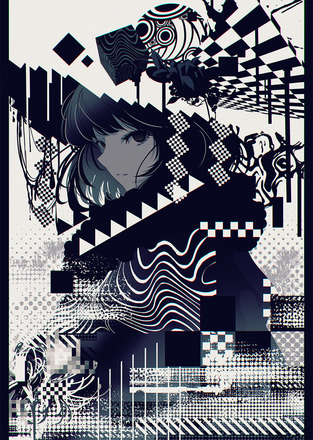 1girl berryverrine black_eyes black_hair chromatic_aberration commentary cube from_side highres looking_at_viewer original parted_lips pillarboxed short_hair solo upper_body