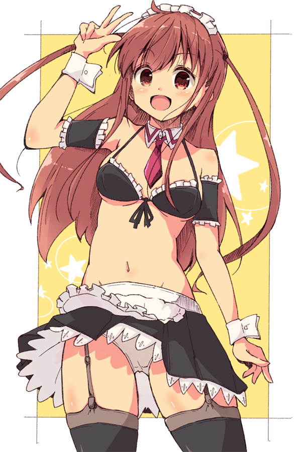 1girl :d alternate_costume apron ataru_(7noise) bangs bikini black_legwear breasts brown_hair collar commentary cowboy_shot detached_collar enmaided eyebrows_visible_through_hair frilled_apron frilled_armband frilled_bikini frills front-tie_bikini front-tie_top garter_straps lace lace-trimmed_skirt long_hair looking_at_viewer maid maid_bikini maid_headdress medium_breasts miniskirt navel necktie open_mouth outside_border panties pantyshot pleated_skirt purple_neckwear red_eyes saki saki_achiga-hen skindentation skirt skirt_lift smile solo standing star_(symbol) swimsuit thigh-highs tom_q_(tomtoq) two_side_up underwear w waist_apron white_apron white_collar white_panties wind wind_lift wing_collar wrist_cuffs yellow_background