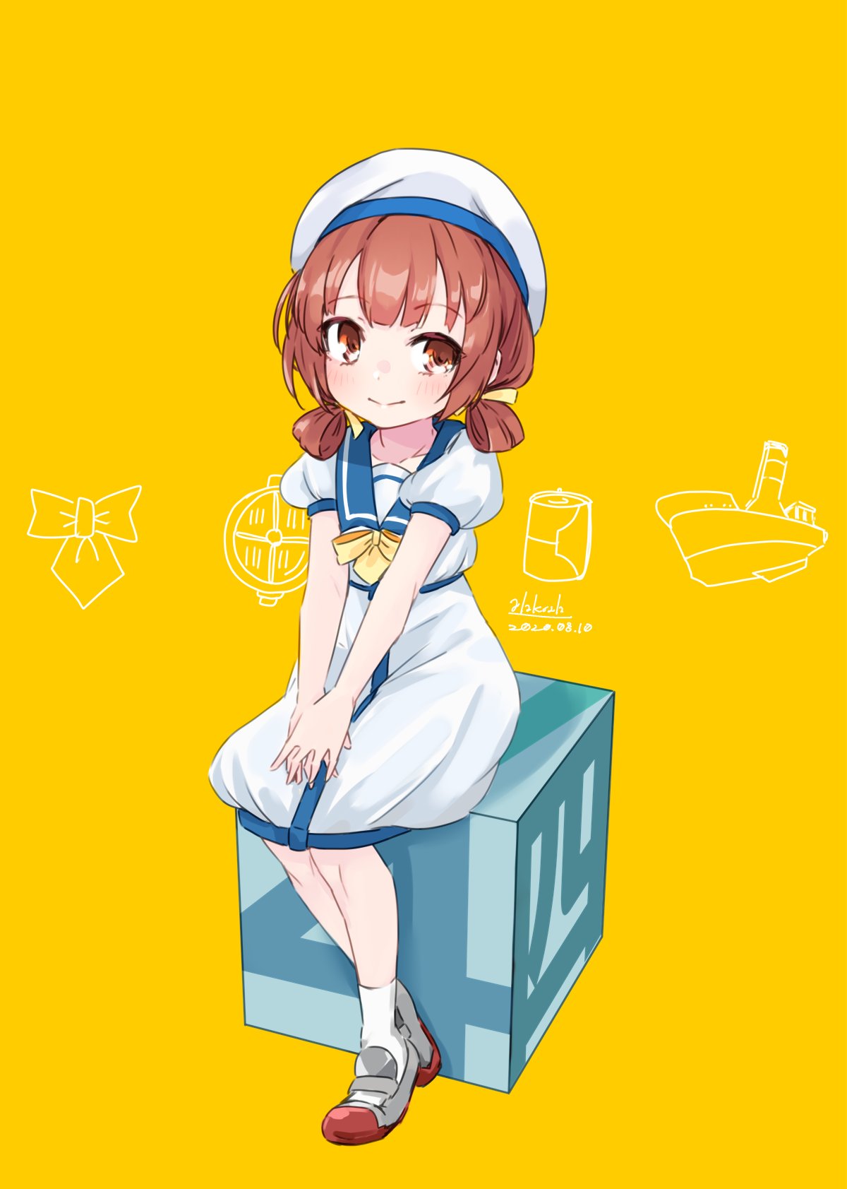 1girl alakoala blue_sailor_collar brown_eyes brown_hair dress full_body hair_rings hat highres kaiboukan_no._4_(kantai_collection) kantai_collection long_hair looking_at_viewer low_twintails neckerchief sailor_collar sailor_dress sailor_hat simple_background sitting smile solo twintails white_dress white_headwear yellow_background yellow_neckwear