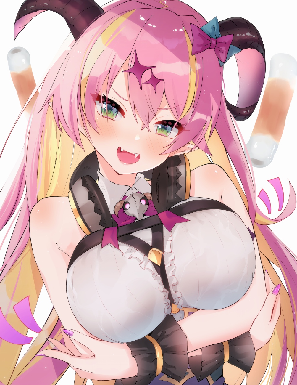 1girl bangs blonde_hair blush breast_hold breasts brooch chikuwa demon_girl demon_horns fangs food green_eyes hato_haru headphones headphones_around_neck highres hololive horns jewelry large_breasts long_hair looking_at_viewer mano_aloe multicolored_hair nail_polish open_mouth pink_hair simple_background sleeveless solo streaked_hair virtual_youtuber white_background wrist_cuffs
