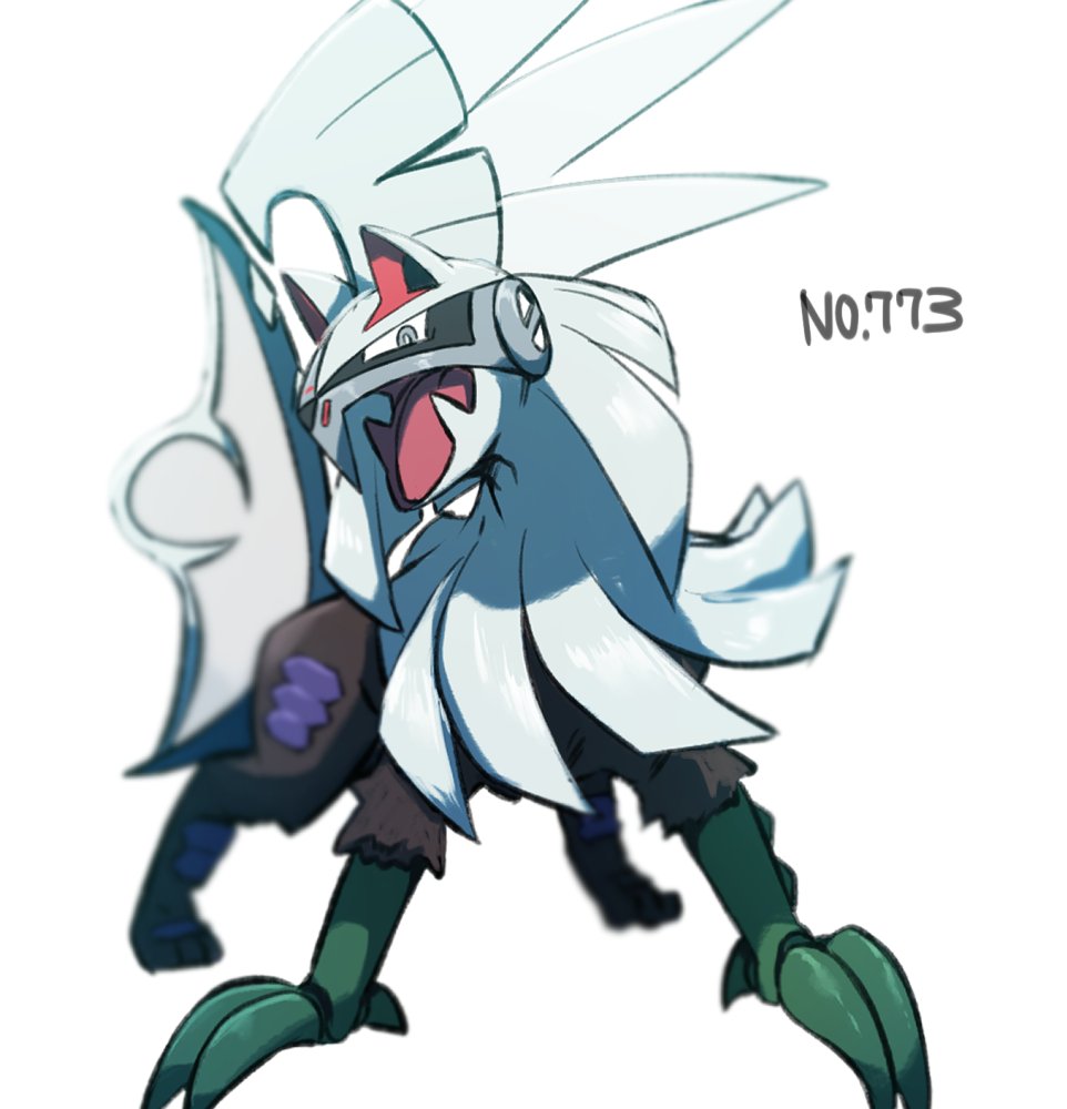 blurry bright_pupils claws commentary_request fang gen_7_pokemon grey_eyes legendary_pokemon morio_(poke_orio) no_humans number open_mouth pokedex_number pokemon pokemon_(creature) silvally skin_fang solo standing tongue white_pupils