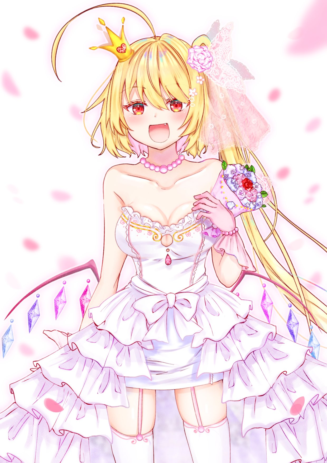 1girl :d ahoge alternate_hair_length alternate_hairstyle bare_shoulders blonde_hair blush bouquet bridal_veil commentary_request crown crystal dress fang flandre_scarlet flower gloves hair_flower hair_ornament highres holding holding_bouquet jewelry long_hair looking_at_viewer mini_crown necklace open_mouth petals pink_flower pink_garter_straps pink_gloves pink_neckwear pink_rose red_eyes rose sakuramiya_nya short_dress side_ponytail sleeveless sleeveless_dress smile solo strapless strapless_dress thigh-highs tilted_headwear touhou veil waist_cape wedding_dress white_dress white_legwear wings