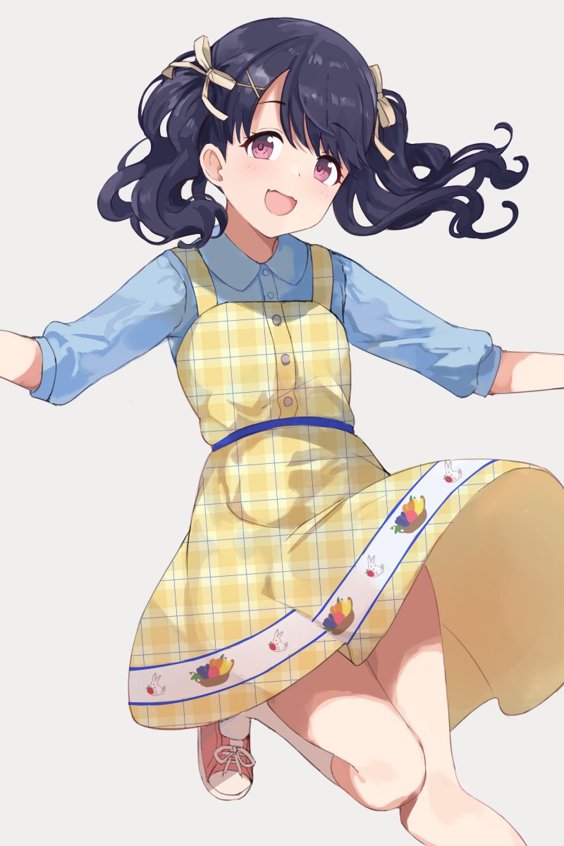 1girl black_hair blue_shirt commentary_request dress fangs fukumaru_koito grey_background hair_ornament hair_ribbon hairclip highres hiroki_(yyqw7151) idolmaster idolmaster_shiny_colors kneehighs looking_at_viewer medium_hair pink_footwear plaid plaid_dress ribbon shirt shoes skin_fangs sleeves_past_elbows sneakers solo thighs twintails violet_eyes white_legwear yellow_dress