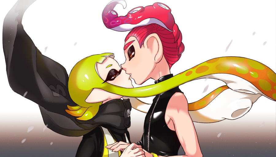 1boy 1girl bangs black_cape black_shirt blunt_bangs cape domino_mask gradient gradient_background gradient_hair green_hair grey_background half-closed_eyes hetero holding_hands imminent_kiss inkling long_hair long_sleeves looking_at_another mask mohawk multicolored_hair octoling orange_eyes orange_hair pointy_ears redhead shirt short_hair sleeveless sleeveless_shirt solo splatoon_(series) splatoon_1 splatoon_2 splatoon_2:_octo_expansion squidbeak_splatoon suction_cups tattered_cape tentacle_hair vest wind yellow_vest yeneny zipper