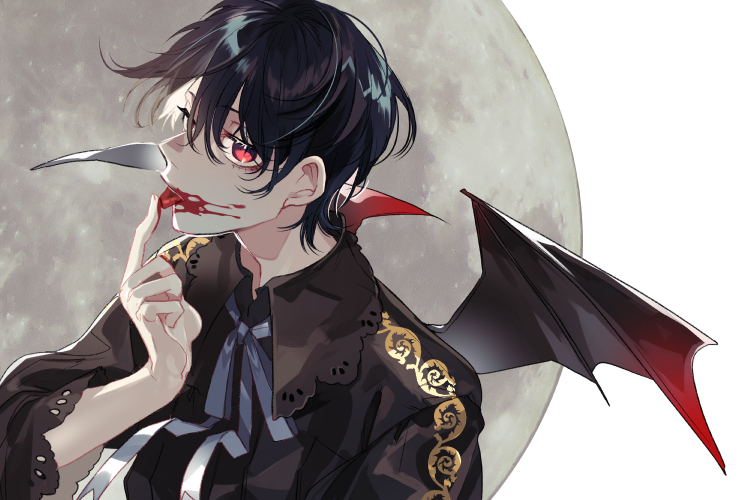 1boy bat_wings black_hair blood blood_on_face bloody_hands blue_neckwear face finger_licking fingernails hair_between_eyes kyouichi licking male_focus mini_wings moon original red_eyes slit_pupils solo tongue tongue_out upper_body vampire wings