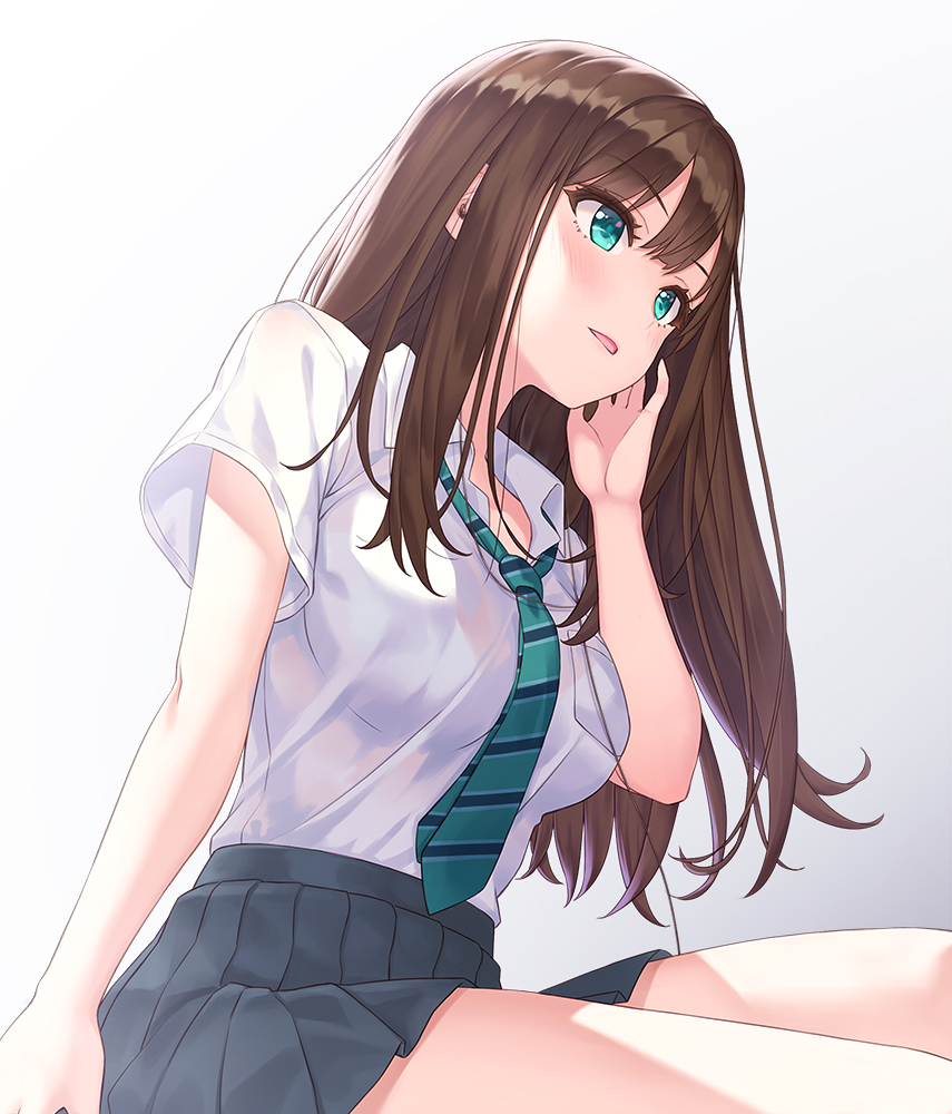 1girl brown_hair check_commentary commentary commentary_request gradient gradient_background green_eyes hamahama hand_on_own_cheek idolmaster idolmaster_cinderella_girls long_hair miniskirt necktie parted_lips pleated_skirt school_uniform shibuya_rin simple_background sitting skirt solo unbuttoned unbuttoned_shirt