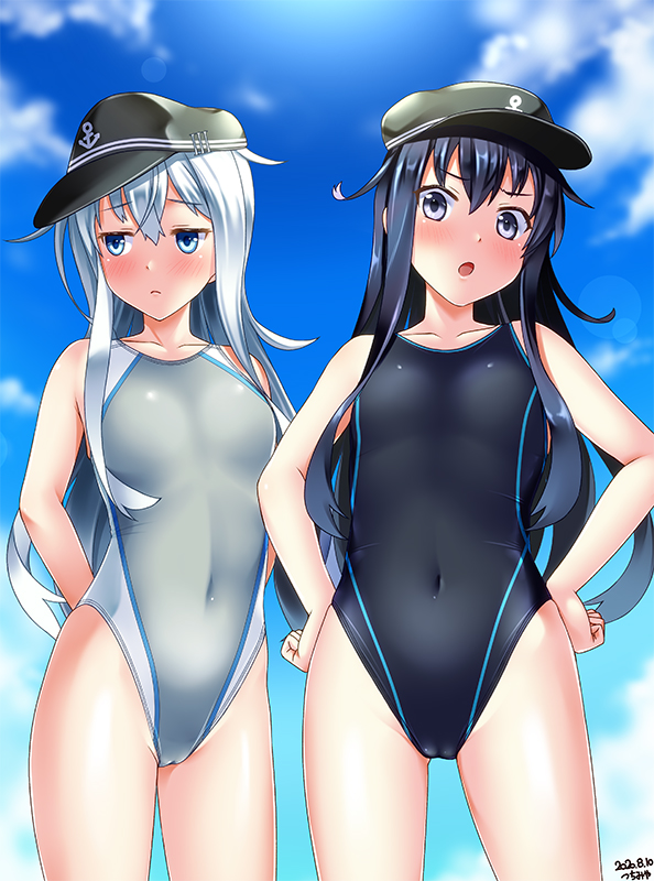 2girls akatsuki_(kantai_collection) anchor_symbol arms_behind_back artist_name badge black_swimsuit blue_eyes clouds cloudy_sky collarbone competition_swimsuit covered_navel day embarrassed eyebrows_visible_through_hair flat_cap flat_chest grey_swimsuit hair_between_eyes hands_on_hips hat hibiki_(kantai_collection) highleg highleg_swimsuit kantai_collection long_hair messy_hair multiple_girls one-piece_swimsuit open_mouth purple_hair silver_hair sky sunlight swimsuit tsuchimiya violet_eyes white_hair