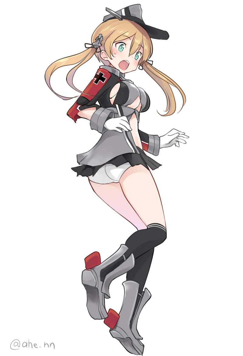 1girl ahenn aqua_eyes black_legwear black_skirt blonde_hair breasts eyebrows_visible_through_hair full_body gloves hair_between_eyes hat kantai_collection large_breasts long_hair long_sleeves low_twintails military military_hat military_uniform open_mouth panties peaked_cap pleated_skirt prinz_eugen_(kantai_collection) simple_background skirt solo thigh-highs torn_clothes twintails twitter_username underwear uniform white_background white_gloves white_panties