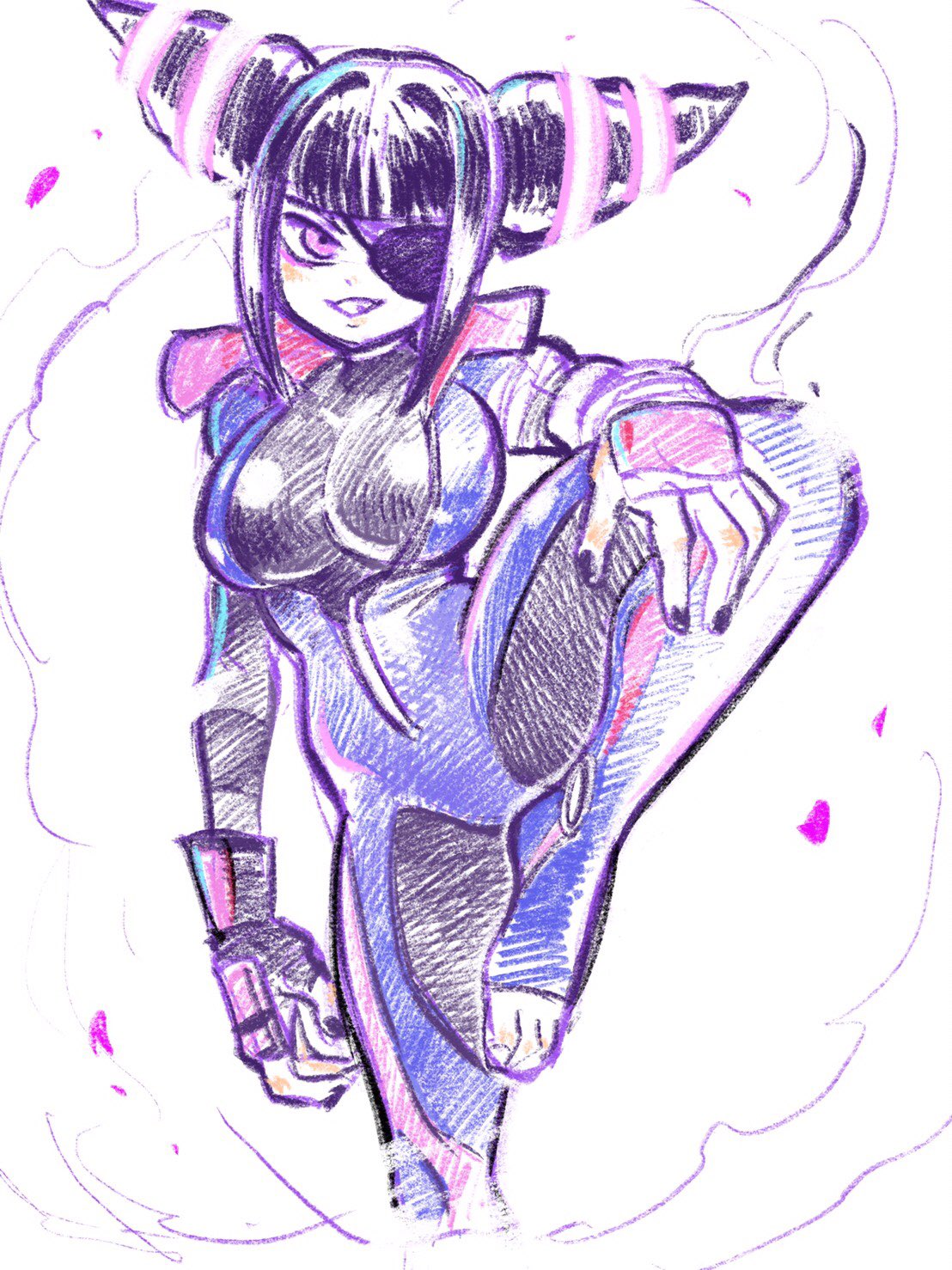 1girl bangs black_hair blunt_bangs bodysuit breasts capcom curvy drill_hair eyepatch feet female female_only fingerless_gloves gloves han_juri large_breasts pink_eyes posing sidelocks skin_tight smile smirk solo standing standing_on_one_leg street_fighter street_fighter_v toeless_legwear toes twin_drills