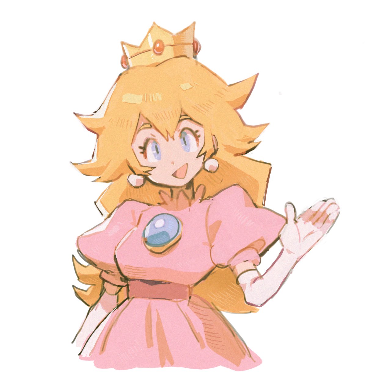 1girl akiyoku blonde_hair blue_eyes crown dress earrings elbow_gloves gloves highres jewelry long_hair super_mario_bros. open_mouth pink_dress pink_gloves princess_peach puffy_sleeves simple_background solo tongue waving